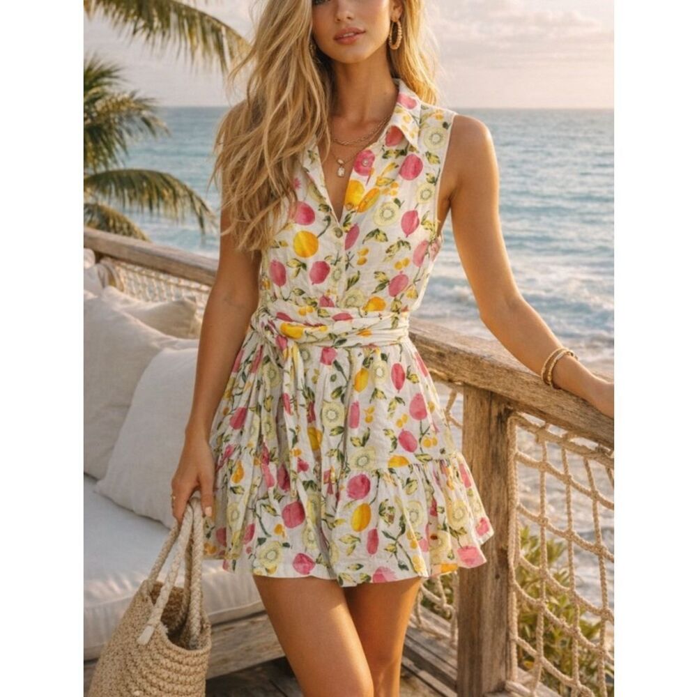 Cynthia Rowley Linen Fruit Print Dress Tie Waist Coastal Mini Sz 8